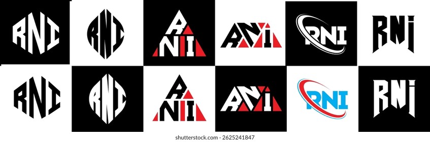 RNI letter logo design in six style. RNI polygon, circle, triangle, hexagon, flat and simple style with black and white color variation letter logo set in one artboard. RNI minimalist and classic logo