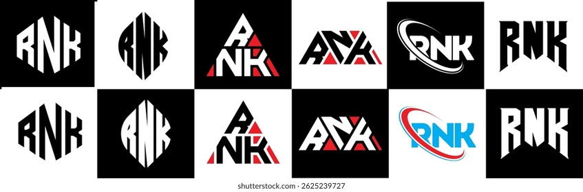 RNK letter logo design in six style. RNK polygon, circle, triangle, hexagon, flat and simple style with black and white color variation letter logo set in one artboard. RNK minimalist and classic logo