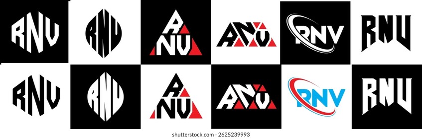 RNV letter logo design in six style. RNV polygon, circle, triangle, hexagon, flat and simple style with black and white color variation letter logo set in one artboard. RNV minimalist and classic logo