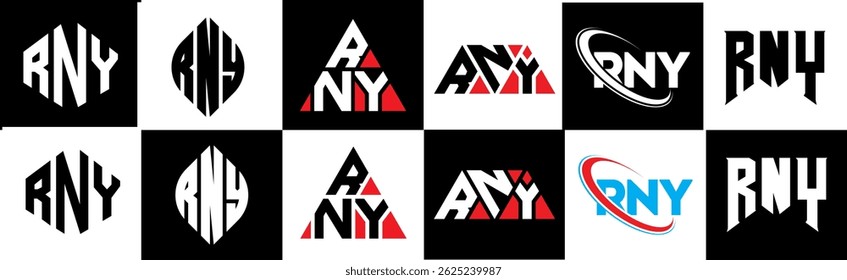 RNY letter logo design in six style. RNY polygon, circle, triangle, hexagon, flat and simple style with black and white color variation letter logo set in one artboard. RNY minimalist and classic logo