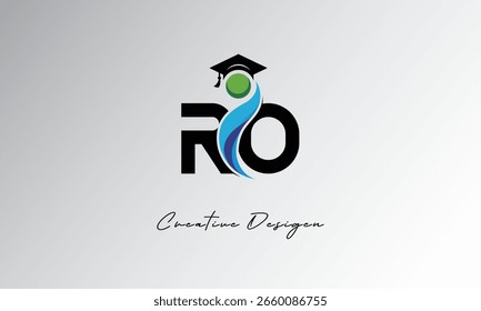 RO Letra Criativa Logotipo com Cap de Graduação e Humano Abstrato - Educação Moderna e Design de Símbolo de Aprendizagem