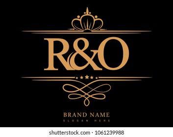 R&O Initial logo, Ampersand initial logo gold with crown and classic pattern