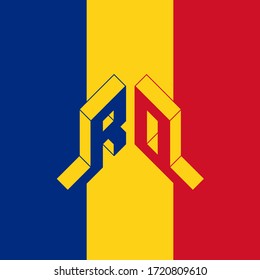 RO - international 2-letter code or National domain of Romania. R and O - Monogram or logotype. Isometric 3d font for design. Three-dimension letters.