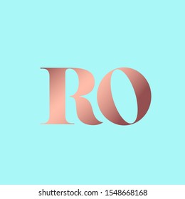 RO monogram logo.Typographic icon with shiny metallic letter r and letter o.Uppercase lettering sign.Serif alphabet initials isolated on neon blue background.Modern,luxury,beauty,boutique style.