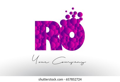 RO R O Dots Letter Logo with Purple Pink Magenta Bubbles Texture Vector.