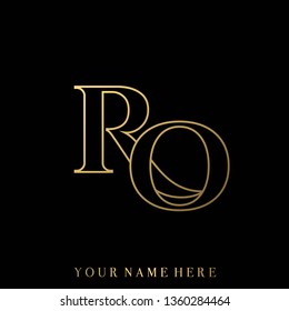 RO serif lettering monogram.Outline lettering logo.Typographic icon with uppercase letter R and letter O overlapped.Golden letters isolated on black background.Alphabet customized initials.