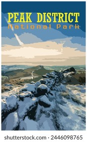 The Roaches, Staffordshire nostalgic retro winter travel poster concept of the Peak District National Park, England, UK in the style of Work Projects Administration.