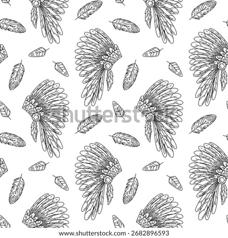 Roach's headdress is decorated with feathers, Native American patterns. Seamless texture in doodle style. A warlike item for a feathered head. Fluffy, turning in different directions. American Indians