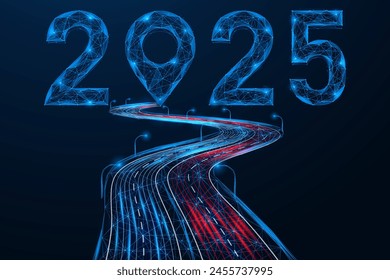 Road to 2025, location indicator at the end of the path. Polygonal design of lines and dots. Blue background.