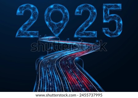 Road to 2025, location indicator at the end of the path. Polygonal design of lines and dots. Blue background.