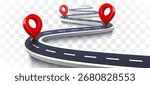 Road with 3d location pin icon symbol or gps travel route navigation markers and transportation place pointer. Transparent background. Vector illustration