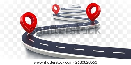 Road with 3d location pin icon symbol or gps travel route navigation markers and transportation place pointer. Transparent background. Vector illustration
