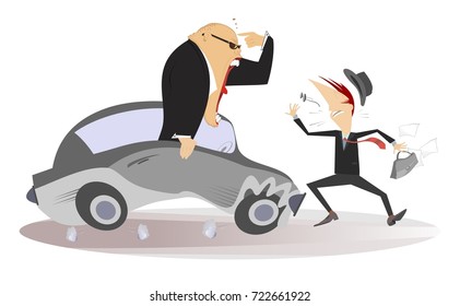 Road accident. Angry driver man cries to the pedestrian and suggests him think first and then cross a street 
