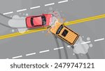 Road accident between two cars. Vehicle collision on grey background. Broken wings and bumpers, crashed windows. Top view. Traffic regulations. Rules of the road. Vector illustration in flat style