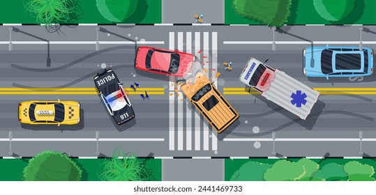 Accidente de tráfico entre dos coches. Los parachoques de alas rotas rompieron las ventanas. Señalización de cruces de asfalto de la ciudad, pasarelas. Cruce de carreteras redondo. Regulaciones de tráfico. Reglas de tránsito. Ilustración vectorial plana