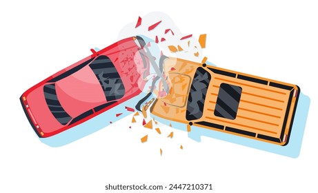 Accidente De Carretera Entre Dos Coches. Colisión del vehículo aislada en blanco. Alas y parachoques rotos, ventanas rotas. Vista superior. Reglamento de Tráfico. Reglas de la carretera. Ilustración vectorial en estilo plano