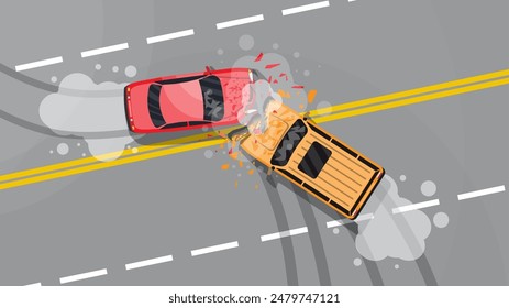 Road accident between two cars. Vehicle collision on grey background. Broken wings and bumpers, crashed windows. Top view. Traffic regulations. Rules of the road. Vector illustration in flat style