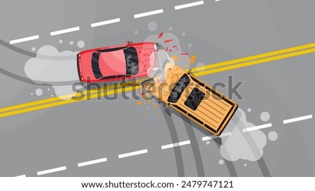 Road accident between two cars. Vehicle collision on grey background. Broken wings and bumpers, crashed windows. Top view. Traffic regulations. Rules of the road. Vector illustration in flat style