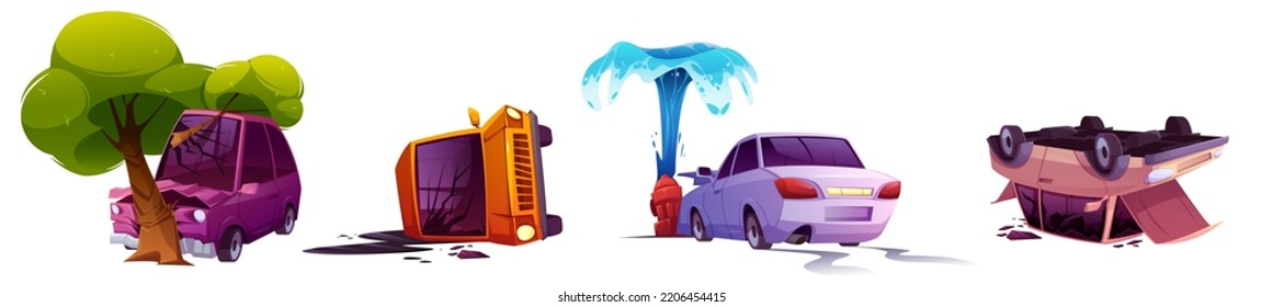 Road accident, broken car lying on roof and door, bump into tree and water hydrant, Isolated automobiles dangerous insurance situation, accidental damage, crashed vehicles, Cartoon vector illustration