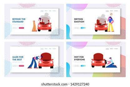 Road Accident with Broken Car and Mechanic Repair Service Website Landing Page, People Calling for Professional Help on Road, Workers Maintenance Car Web Page. Cartoon Flat Vector Illustration, Banner
