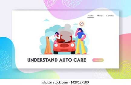 Road Accident with Broken Car Website Landing Page, Man Looking under Transport Hood with Smoke Going out, Girl Call to Repair Mechanic Service, Web Page, Cartoon Flat Vector Illustration, Banner