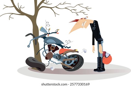 Road accident. Broken motorcycle. Sad biker character. Upset motorcycle rider with a helmet in the hand stays near a broken motorcycle which crashed into a tree