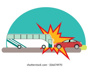 Road accident. Bus with passengers crashed into a car. Vector illustration