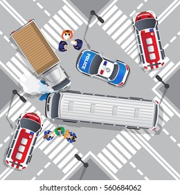 Road accident  bus and truck. View from above. Vector illustration. 