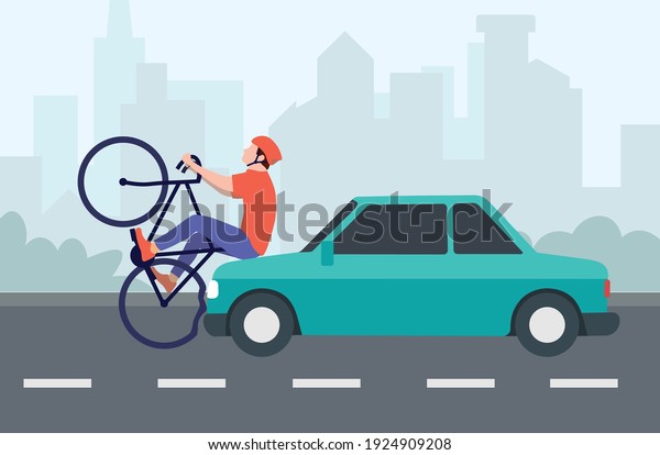 Road accident. Car and bicycle accident. A car hit
a cyclist on the road. A man in a helmet on a bicycle had an
accident. The car violates traffic rules. Flat vector illustration.
Side view.