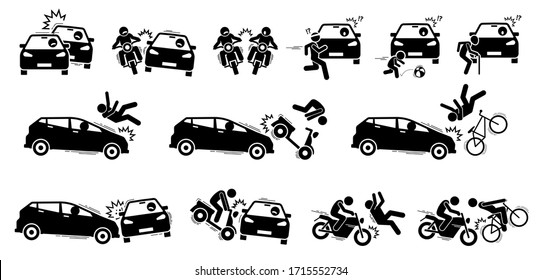 Road accident and car crash icons. Vector artwork of road vehicle accident between car, motorcycle, bicycle, people, pedestrian, jogger, child, and elderly. 