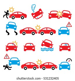 Road Accident, Car Crash, Personal Injury Vector Icons Set 