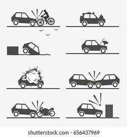 Road accident, car crash set. Flat vector illustration