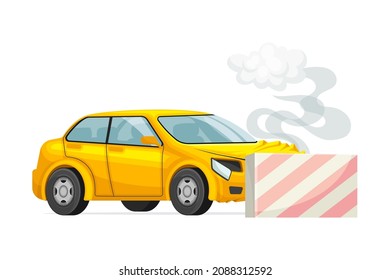 Verkehrsunfall. Das Auto stürzte in einen Betonzaun. Auto-Versicherung, Vektorgrafik