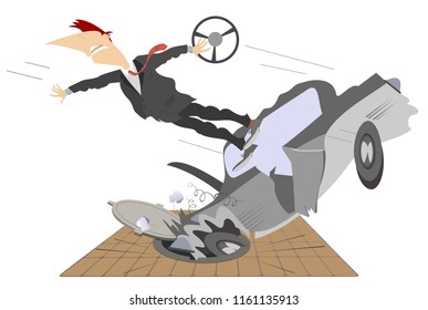 Road accident, car and sewer manhole illustration. Man with a steering wheel flies out from a crashed car getting into a sewer manhole isolated vector 
