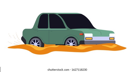 Road accident, car stuck in mud or dirty puddle isolated icon vector. Weather conditions and transport, flood or natural disaster and vehicle in water. Emergency measures and damage, evacuation