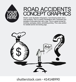 A road accident concept design. The car crashed incident. The situation on the road with a car. Disaster accident tragedy of car. Hand drawing a sketch with a car.