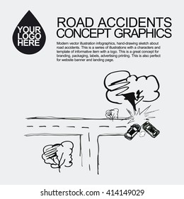 A road accident concept design. The car crashed incident. The situation on the road with a car. Disaster accident tragedy of car. Hand drawing a sketch with a car.