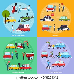 Road accident concept icons set with cyclists and pedestrians symbols flat isolated vector illustration 