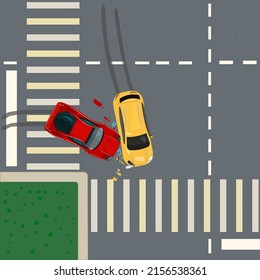 Road accident. Crash on city crossroad top view. Street junction and wreck auto.Broken vehicles after collision in intersection. Rules of road and regulations.Traffic violation of priority turn.Vector