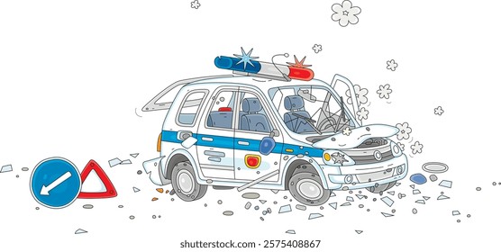 Road accident with a crashed police patrol car, vector cartoon illustration isolated on a white background