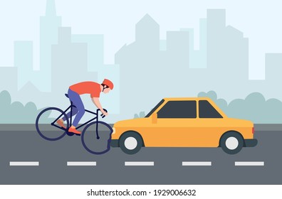 Road accident. The cyclist and the car collide on the road face to face. Dangerous road situation. Inattentive drivers. Violation of traffic rules. Side view of the accident on the highway Flat vector