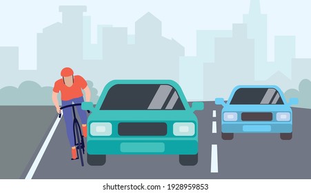 Road accident. The cyclist collided with a car. A male athlete in a helmet on a bicycle sideways hit the car in motion. Dangerous situation. Front view. Flat vector illustration