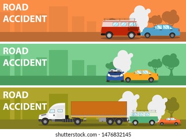 Road accident different situations collection. Three horizontal banner various road accidents. Car accidents and crash set flat vector Illustration on a white background. 