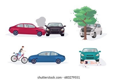 Road accident different situations collection. Car crash with car, tree, bicycle and skater. Colorful vector illustration set.