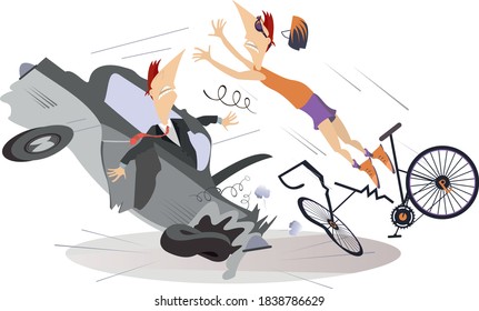 Road accident, driver, cyclist and broken bike illustration. Shocked driver man sits in the broken car and cyclist falling down from the bicycle isolated
