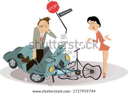 Road accident, driver, cyclist and broken bike illustration. Angry woman scolds and asks the upset driver man what to do with the broken bike isolated on white
