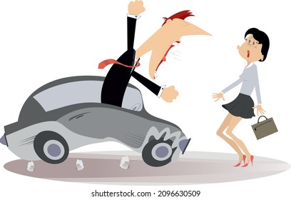 Road accident, driver man, pedestrian illustration. 
Angry driver man swings his fists and cries to the confused pedestrian woman with a bag isolated on white
