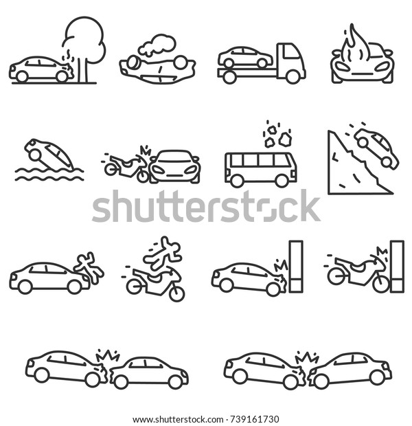 Road\
accident icon set. Accidents involving a passenger car, motorcycle\
and bus, linear design. Line with editable\
stroke