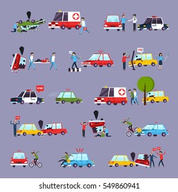 Road accident icons set with car crash symbols flat isolated vector illustration 