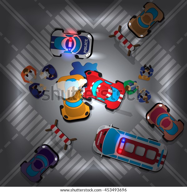 Road accident at the intersection at\
night. View from above. Vector illustration.\
